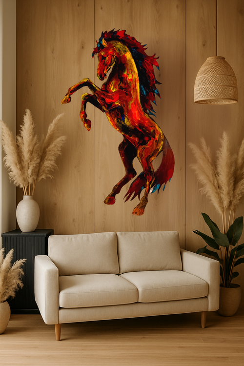Art animalier acrylique au couteau, cheval cabré incandescent aux tons de feu, pièce unique signée Camille, Totem Sauvage