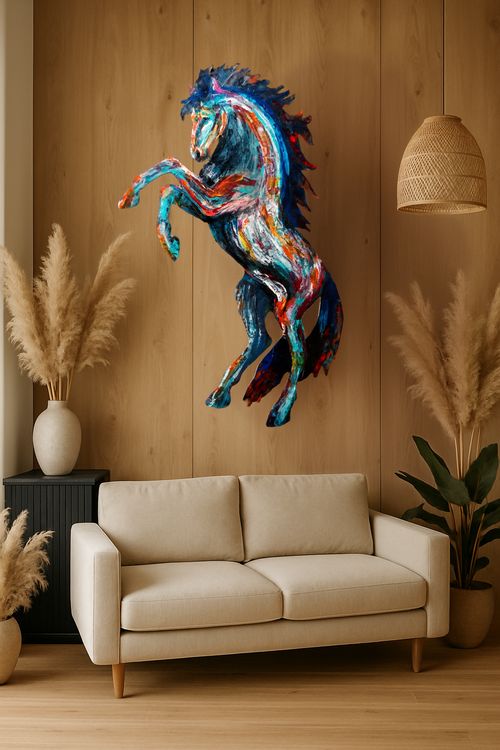 Peinture cheval cabré au crépuscule, acrylique au couteau, tons chauds ambrés et pourpres, pièce unique signée Camille